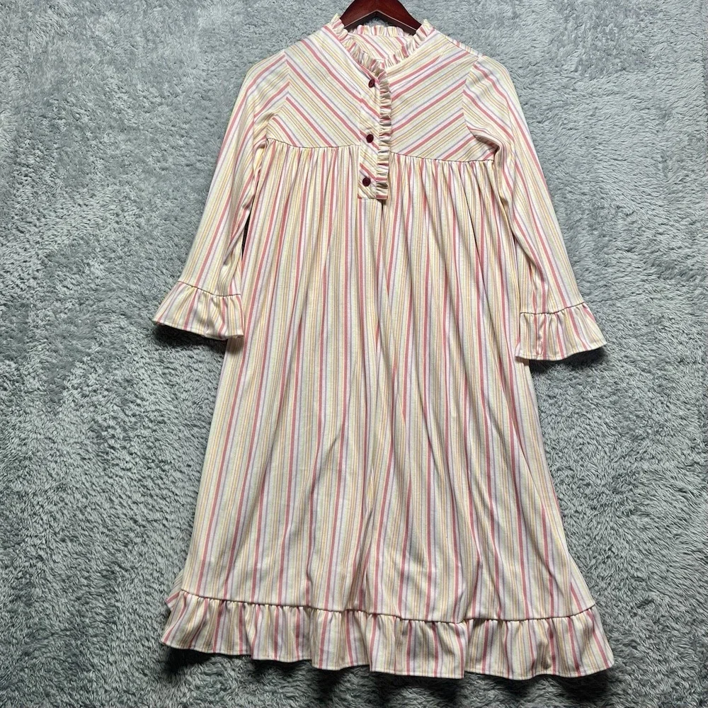 American Girl Nightgown Girls Medium Pink Striped Ruffles Placket Bodice Retired